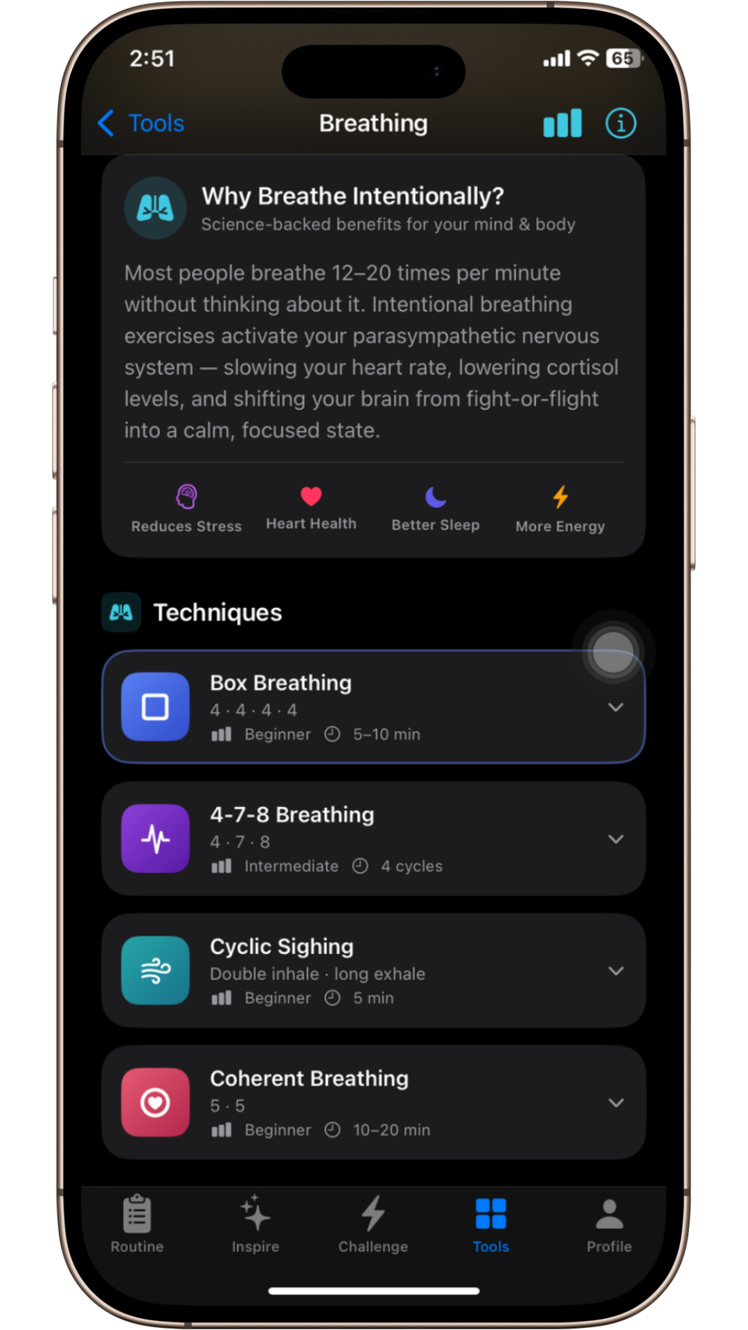 Breathing technique selection screen