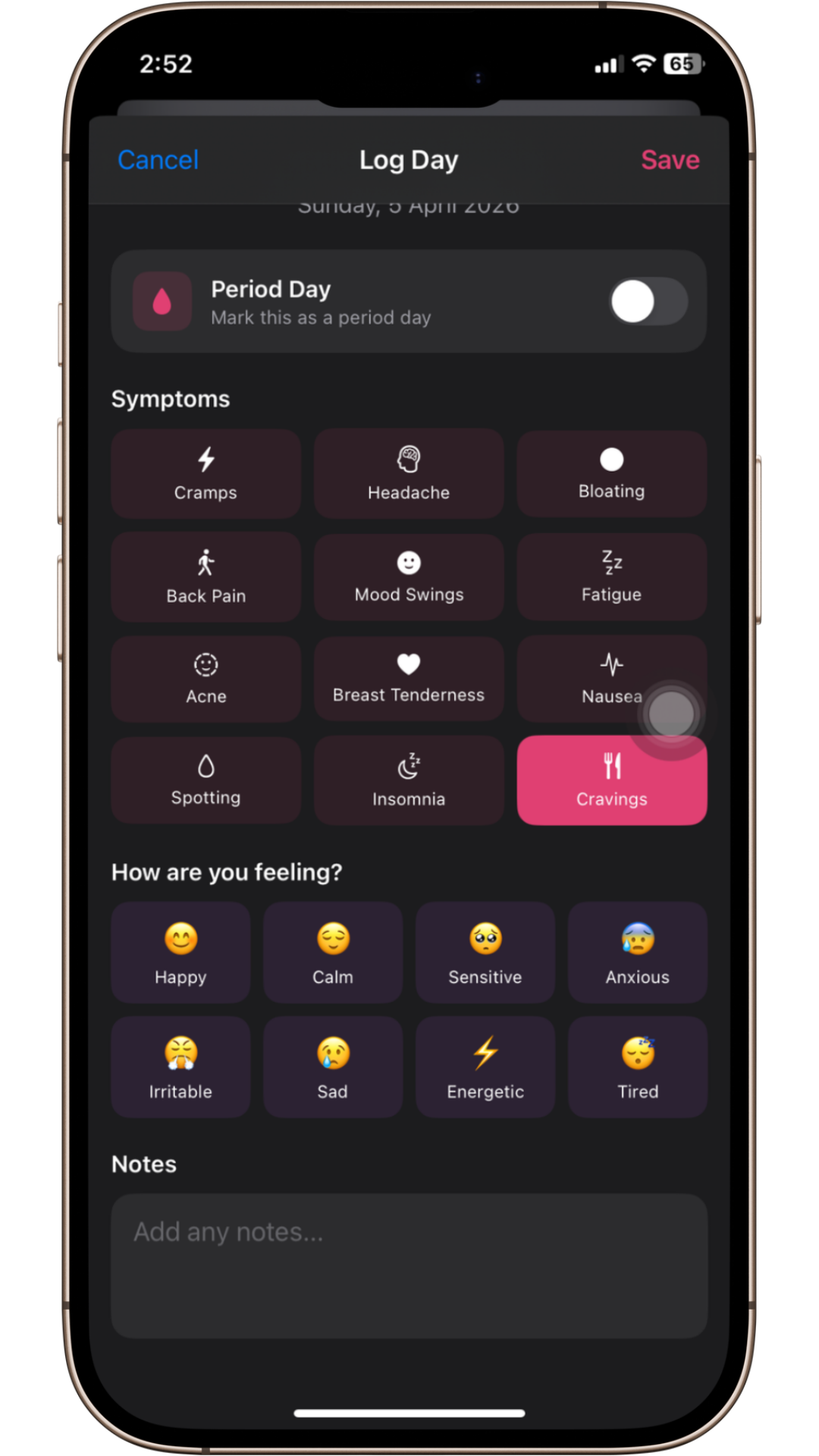 Period tracker feature screen