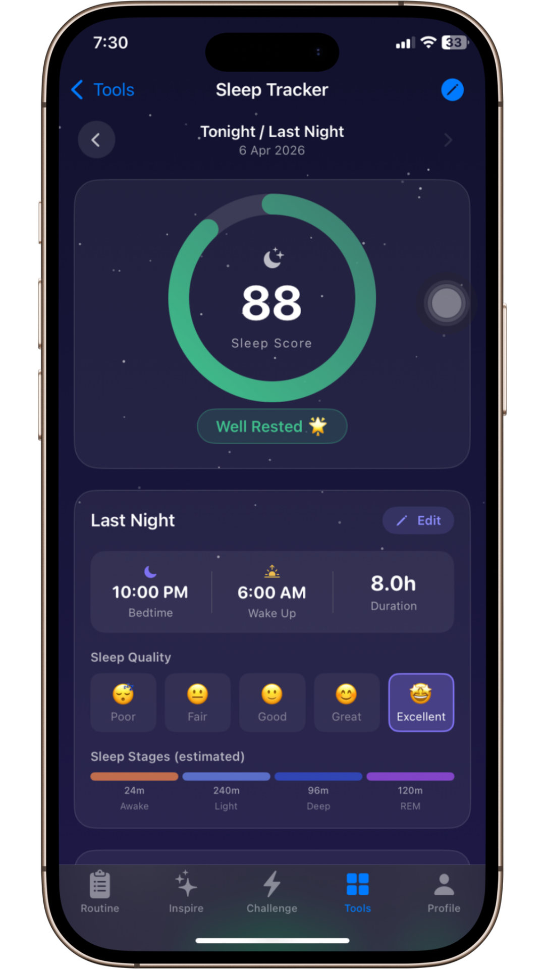 Sleep tracker feature screen